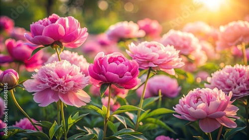 Soft Pink Peonies Bathed in the Warm Glow of the Setting Sun, a Symphony of Nature's Grace