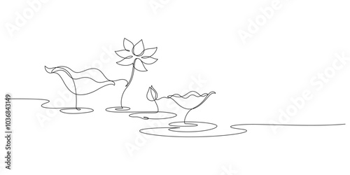 lotus water lily blooming and leaf nature pond scenic one line drawing