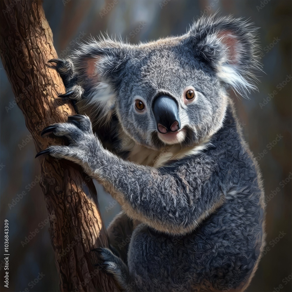 Fototapeta premium A close-up of a fluffy koala clinging to a tree, showcasing its expressive eyes and detailed fur.