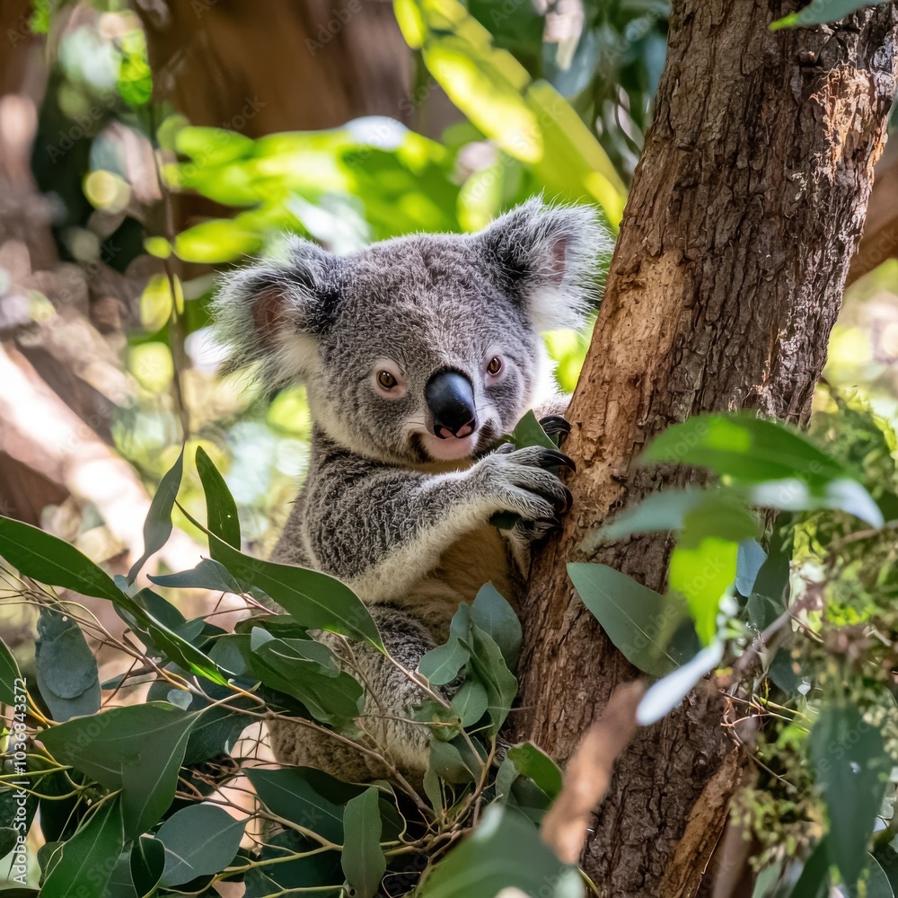Fototapeta premium A cute koala clings to a eucalyptus tree, surrounded by lush green foliage.