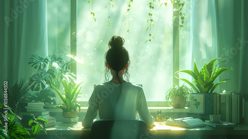 Woman Studying in Serene Greenery-Filled Workspace
