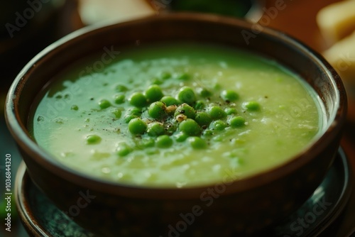 A warm and comforting bowl of soup filled with green peas