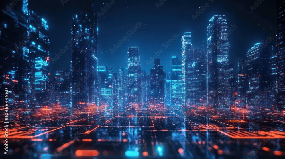 Obraz premium Futuristic Neon Cityscape with Digital Grid and High-Rise Skyscrapers at Night
