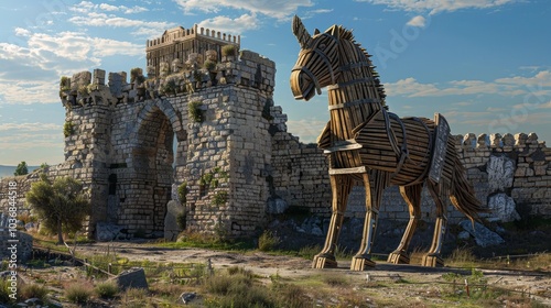 Dramatic depiction of a wooden trojan horse outside troy s fortified walls amidst natural scenery