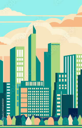 Urban landscape with high skyscrapers and subway. Simple minimal geometric flat style. Green and blue shades
