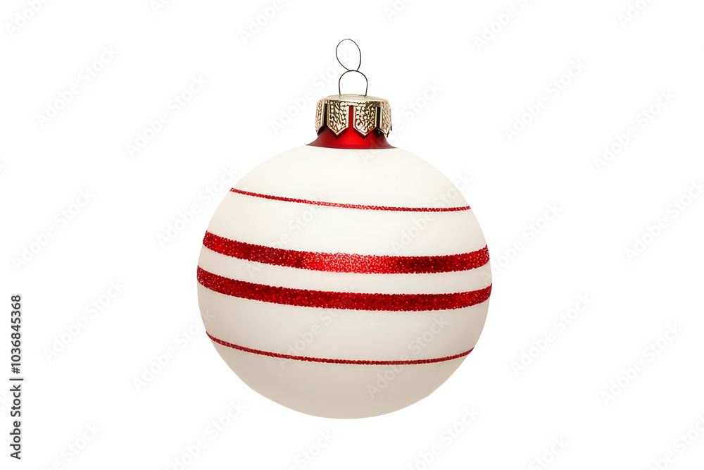 A festive red Christmas ornament with white stripes and dots, isolated on white background. Concept of holiday decoration. A festive red Christmas ornament with white stripes and dots, isolated on white background. Concept of holiday decoration.