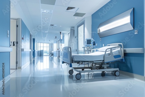 A hospital room with a single bed against blue walls