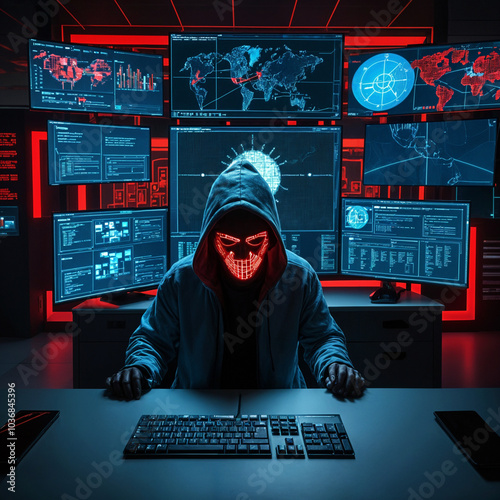 A hooded hacker launches a cyberattack from their secret lair. This image depicts a hacker in a hooded sweatshirt, with a glowing mask, surrounded by computer monitors displaying code and data.