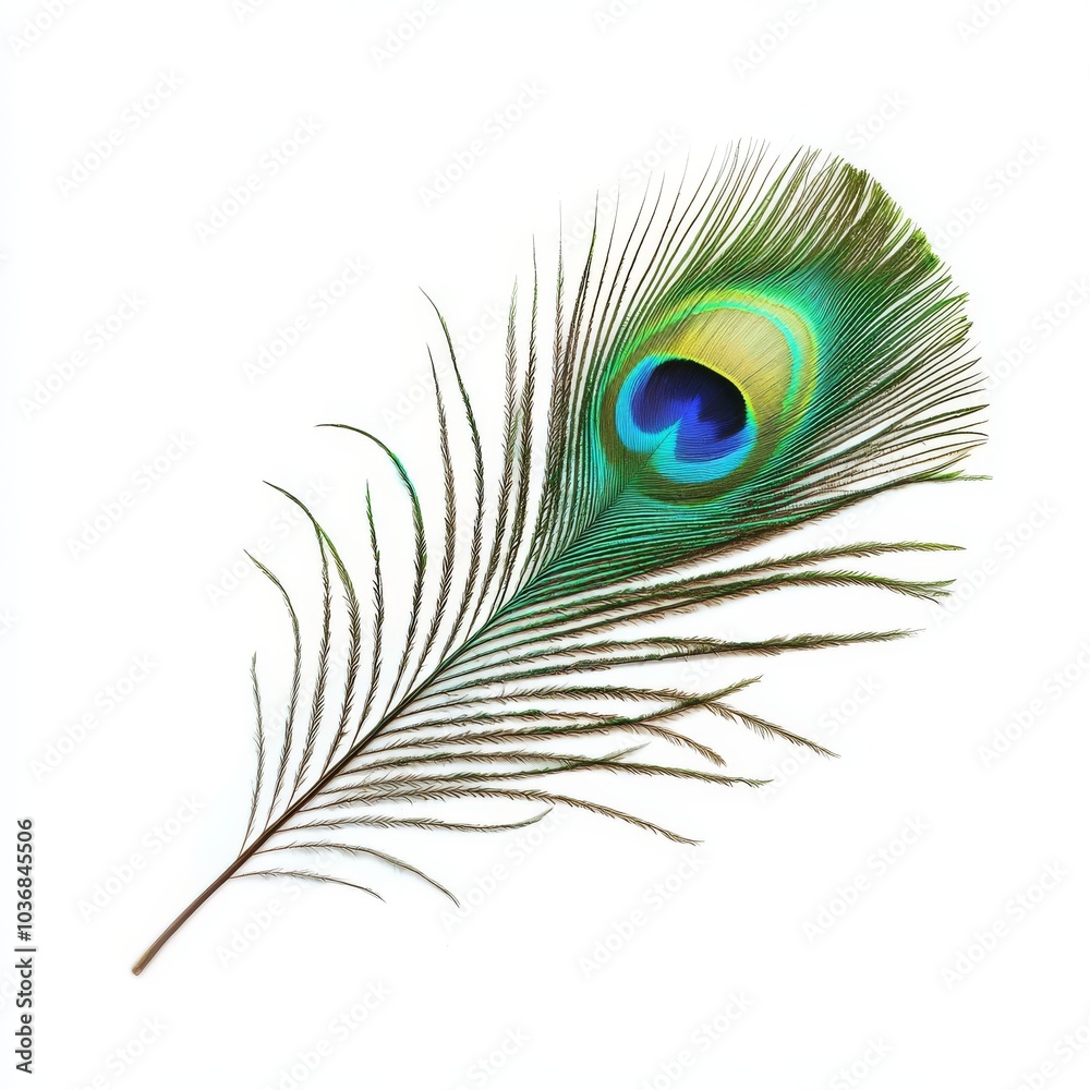 Obraz premium A vibrant peacock feather showcasing rich hues of blue and green against a white background.