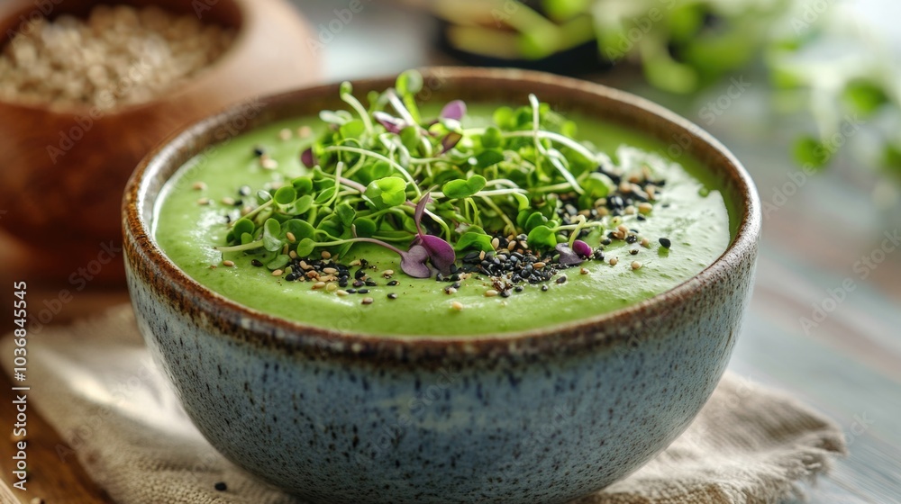 Fresh and healthy bowl of green soup topped with crunchy sprouts, perfect for a nutritious meal or appetizer Fresh and healthy bowl of green soup topped with crunchy sprouts, perfect for a nutritious meal or appetizer