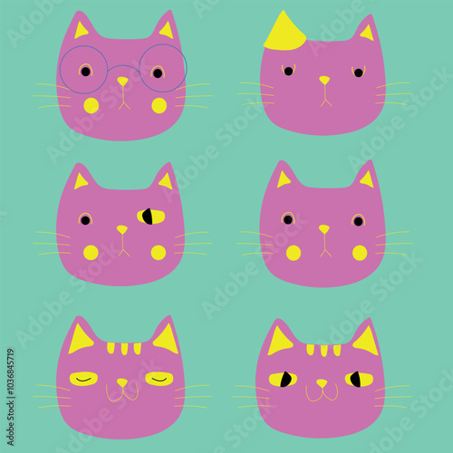 Draw vector illustration collection Colorful face of cat for cut file print on T-shirt or Stickers Doodle cartoon style.