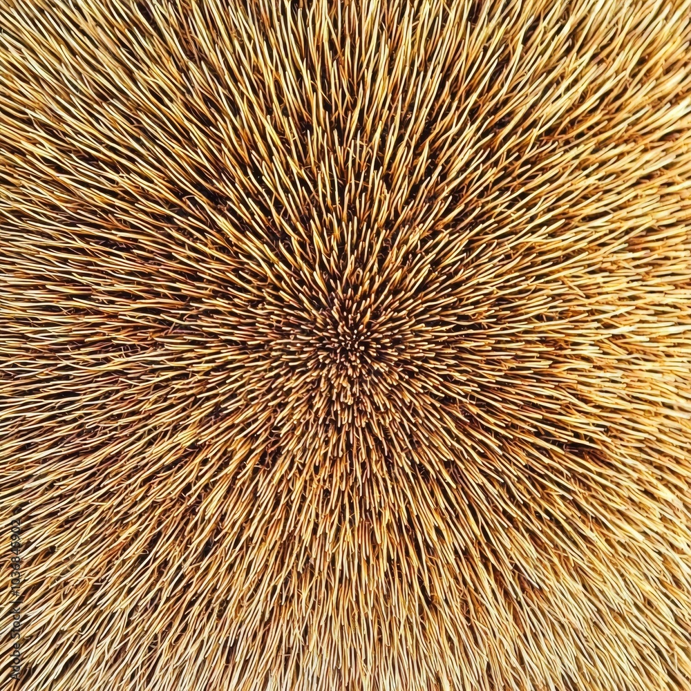 An intricate close-up of dried grass or straw, showcasing a beautiful radial texture in shades of golden brown. An intricate close-up of dried grass or straw, showcasing a beautiful radial texture in shades of golden brown.