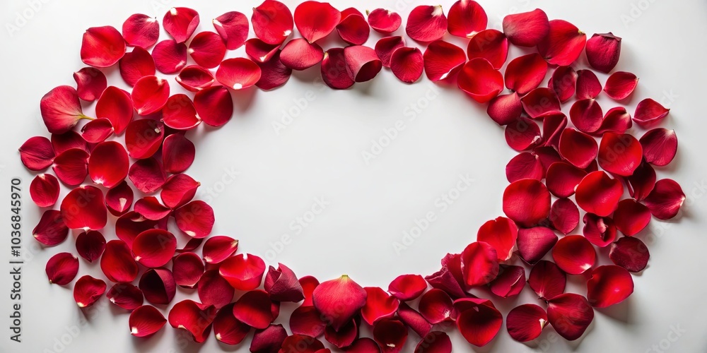 Obraz premium A Scattered Symphony of Crimson Rose Petals Forming an Oval Frame on a Clean White Surface