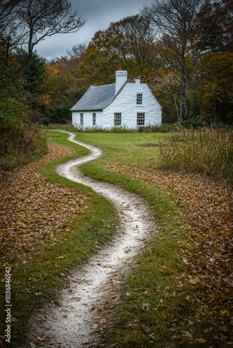 A quaint white cottage nestled in an autumn landscape, accessed by a winding path through fallen leaves.