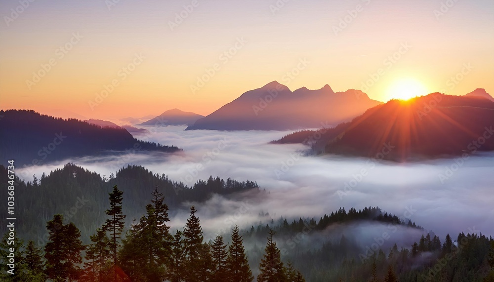 Majestic mountain range covered in early morning fog at sunrise Majestic mountain range covered in early morning fog at sunrise