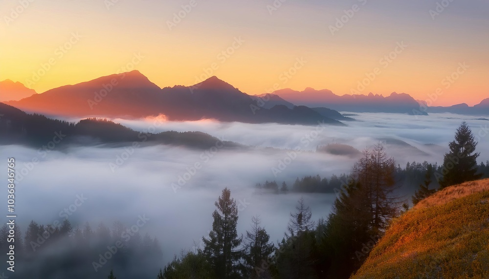 Majestic mountain range covered in early morning fog during sunrise Majestic mountain range covered in early morning fog during sunrise