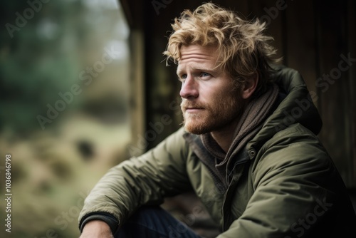 Portrait of a handsome young man with blond hair and beard outdoors