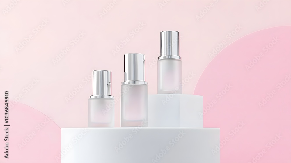 Three sleek cosmetic bottles displayed on a pedestal against a soft pink background. Three sleek cosmetic bottles displayed on a pedestal against a soft pink background.