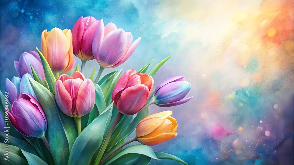 A vibrant bouquet of pastel tulips, bursting with springtime color against a soft, watercolor background. A vibrant bouquet of pastel tulips, bursting with springtime color against a soft, watercolor background.
