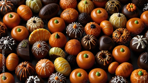 Chocolate candies, oranges, and other treats make a colorful and delicious assortment perfect for food and halloween concepts. photo