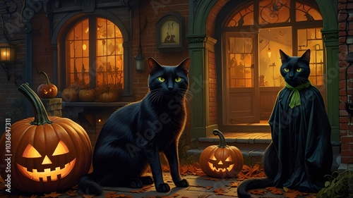 Halloween scene featuring two black cats, jackolanterns, pumpkins, and an old house, perfect for seasonal decorations or spookythemed designs. photo