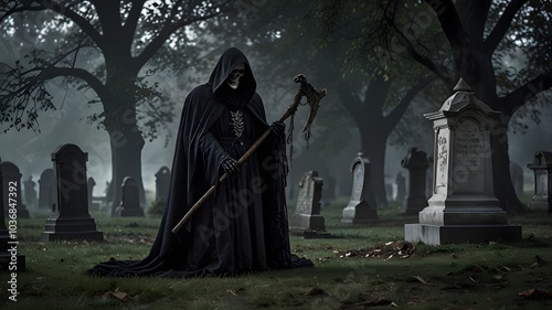 Grim reaper with scythe, cemetery setting. Suitable for Halloweenthemed designs, spooky concepts, dark and eerie visuals, and horrorthemed projects. photo