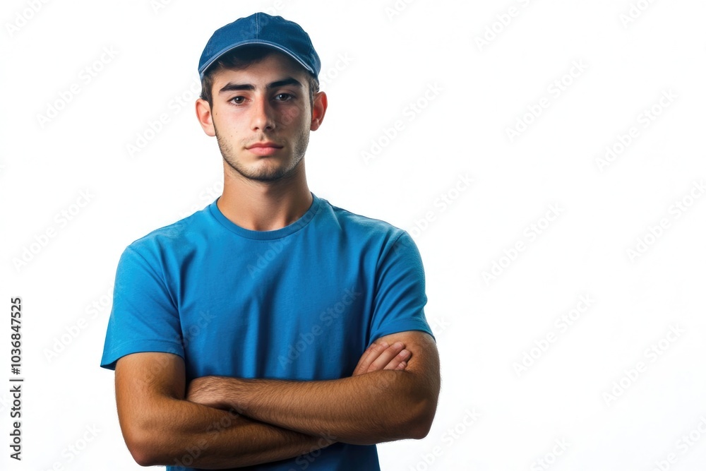 A person wearing a blue shirt and matching hat, likely for casual or formal event A person wearing a blue shirt and matching hat, likely for casual or formal event