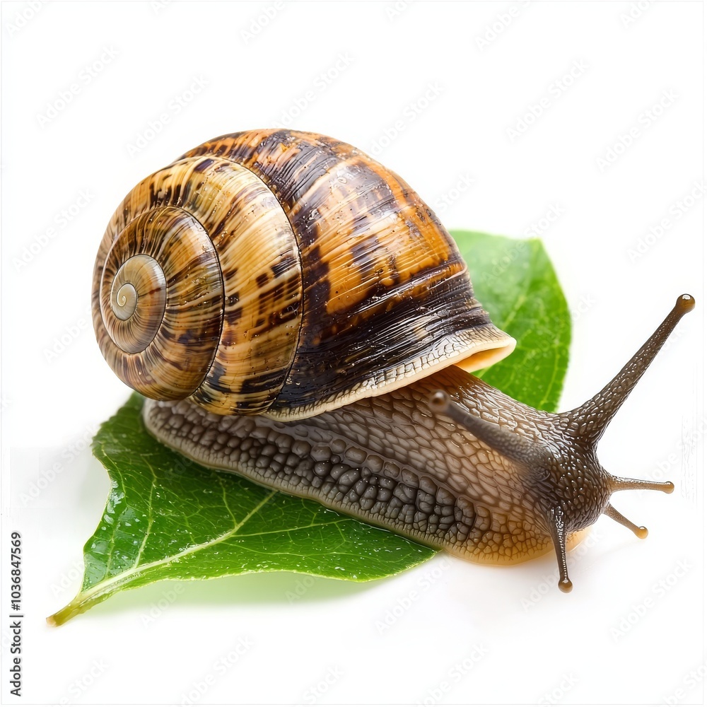 A close-up of a large brown-striped snail resting on a green leaf, showcasing intricate shell patterns.