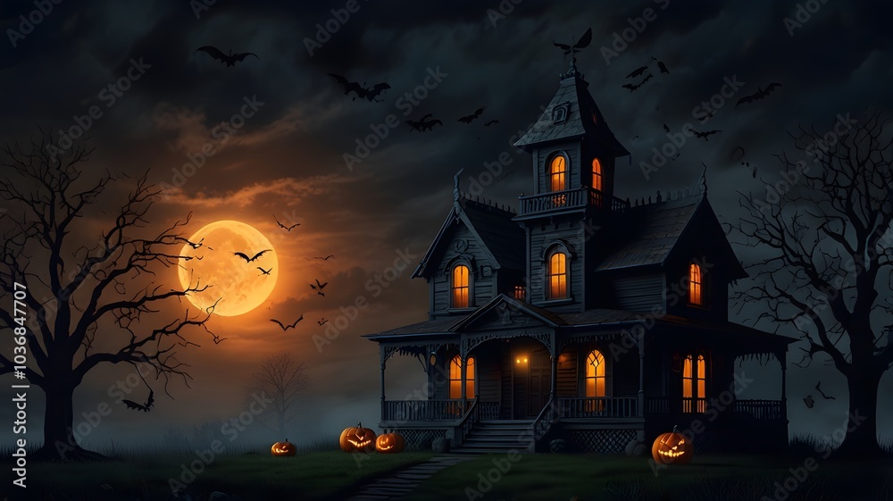 Spooky Halloween scene with a haunted house, jackolantern, moon, trees, fog, and path. Perfect for Halloween invitations, decorations, or posters. Spooky Halloween scene with a haunted house, jackolantern, moon, trees, fog, and path. Perfect for Halloween invitations, decorations, or posters.