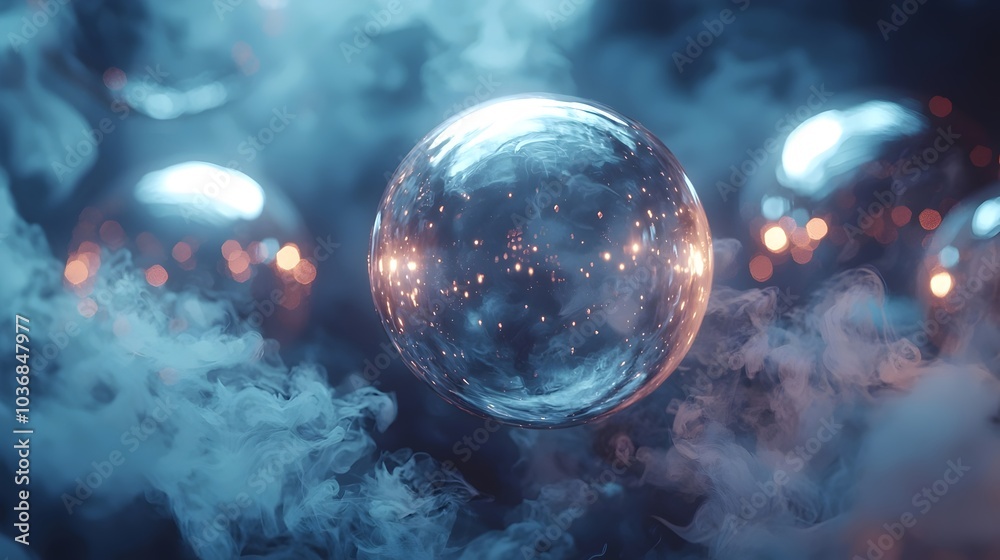 A mesmerizing, reflective sphere floats amidst swirling smoke and soft glowing lights, creating an ethereal atmosphere filled with mystery and intrigue. A mesmerizing, reflective sphere floats amidst swirling smoke and soft glowing lights, creating an ethereal atmosphere filled with mystery and intrigue.