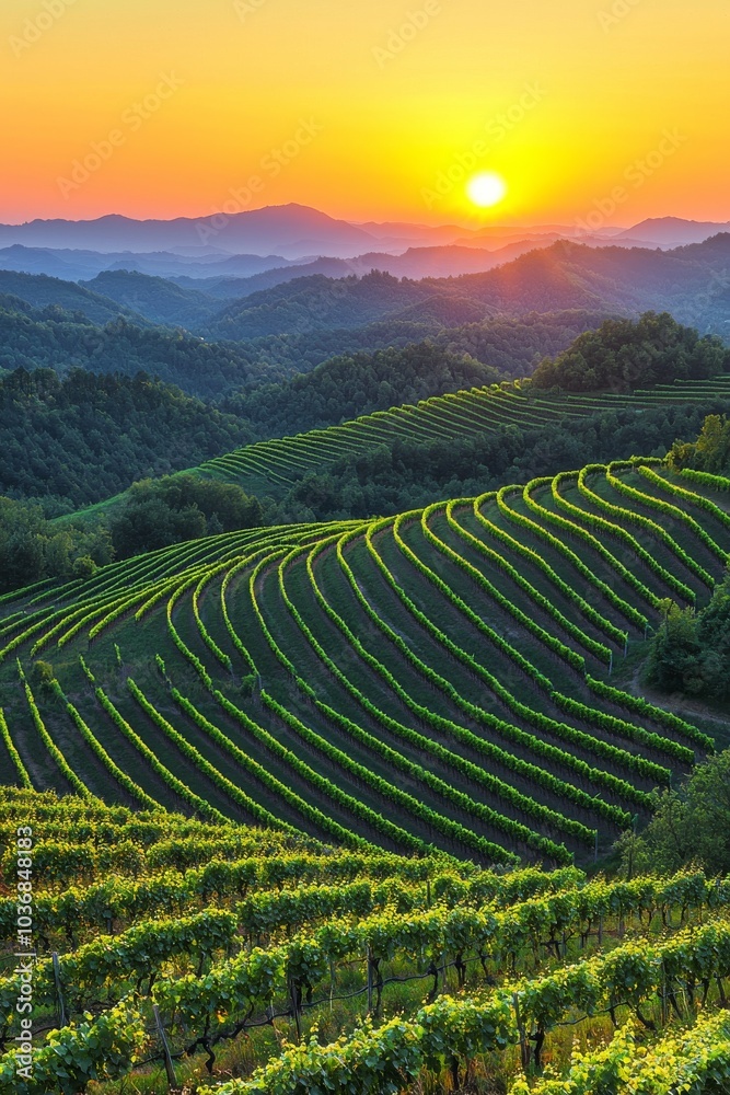 A breathtaking sunset over rolling vineyards, with vibrant rows of greenery in a serene landscape. A breathtaking sunset over rolling vineyards, with vibrant rows of greenery in a serene landscape.