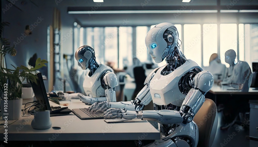generative AI. Modern robots take over human jobs in the office generative AI. Modern robots take over human jobs in the office