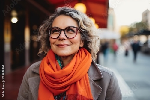 Portrait of a beautiful woman with glasses and red scarf in the city