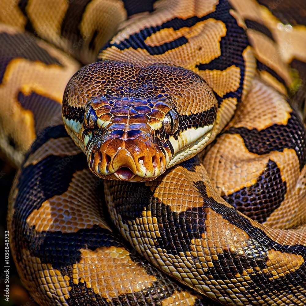 Close-up of a vibrant, patterned ball python coiled, showcasing its striking scales and unique markings. Close-up of a vibrant, patterned ball python coiled, showcasing its striking scales and unique markings.