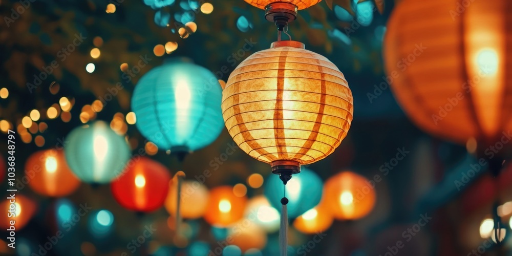 Obraz premium A collection of colorful paper lanterns suspended from the branches of a tree, creating a whimsical and festive atmosphere