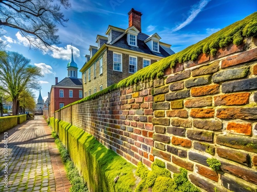 A captivating panorama showcasing a moss-covered brick wall in historic New Castle, Delaware. Architectural beauty meets nature’s touch in this textured, scenic landscape.