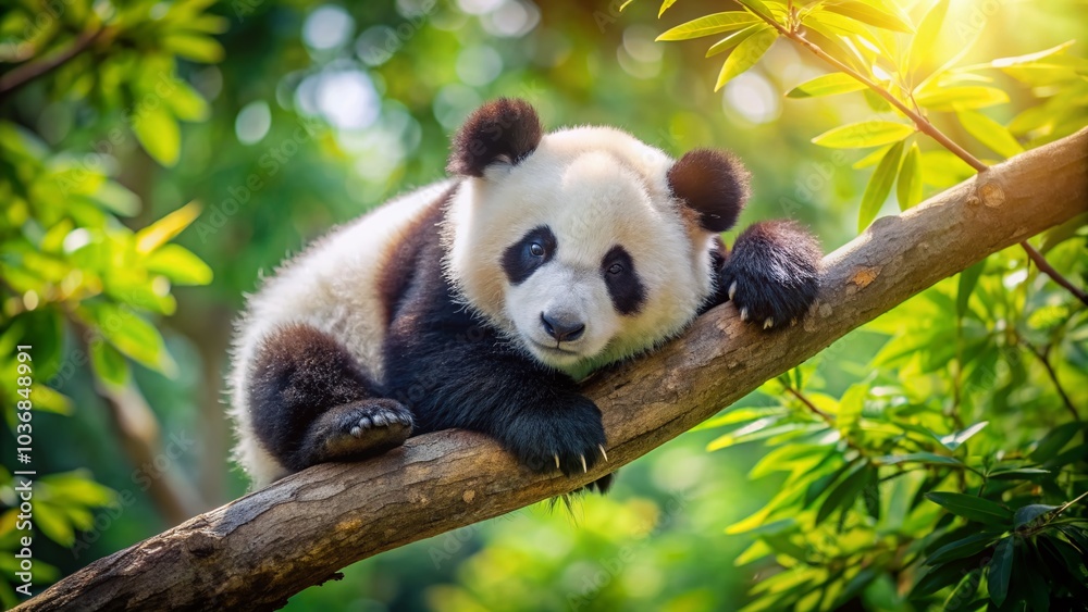 Obraz premium Adorable baby panda curled up and fast asleep on a sturdy tree branch, surrounded by lush green leaves and gentle dappled sunlight filtering through.