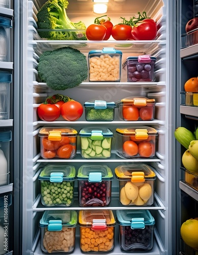 Refrigerator filled with lunch boxes prepared for healthy meals 