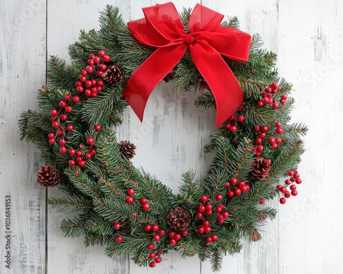 A festive Christmas wreath adorned with red berries and a bright red bow, perfect for holiday decorations.