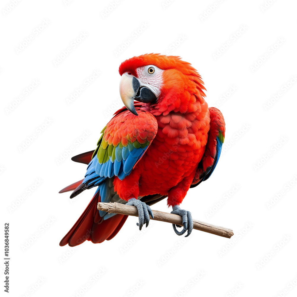 Fototapeta premium Vibrant Scarlet Macaw Perched on a Branch with Colorful Feathers