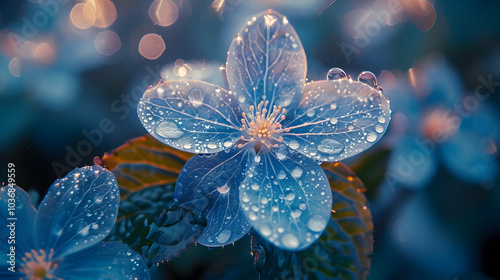 Blue Flower with Dew Drops Illustration