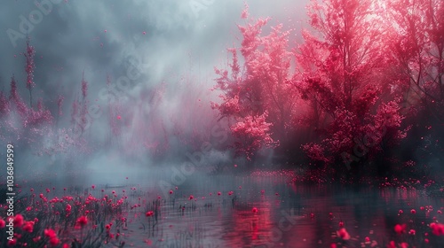 Misty Forest with Pink Trees and Red Flowers - Dreamy Fantasy Landscape