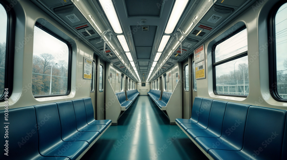 Empty subway car with rows of benches and a long hallway. The subway car is empty and appears to be waiting for passengers. Empty subway car with rows of benches and a long hallway. The subway car is empty and appears to be waiting for passengers.