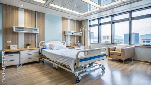 A clean and empty hospital room with a specially designed bed for patients, awaiting admission, in a modern medical center's intensive care unit. photo