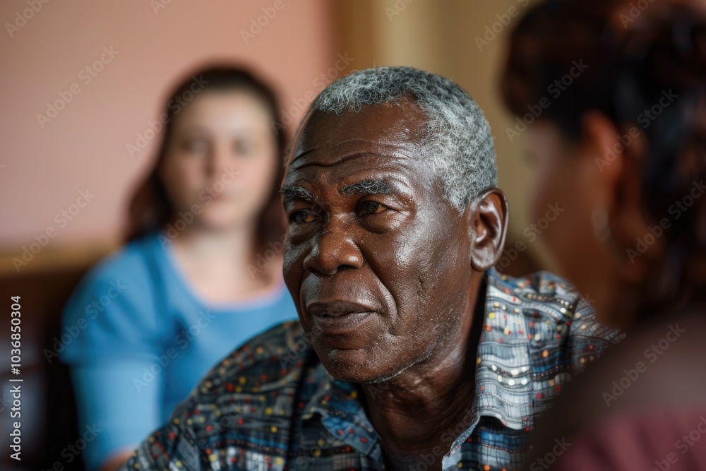 A man sits on a chair while a woman stands behind him, possibly having an intimate conversation or discussing something important A man sits on a chair while a woman stands behind him, possibly having an intimate conversation or discussing something important