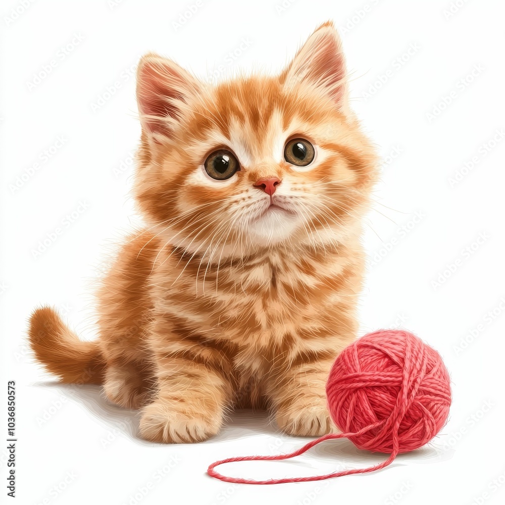 Fototapeta premium An adorable orange kitten sits beside a pink yarn ball, showcasing its playful demeanor and fluffy fur.