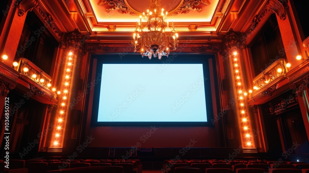 Obraz premium A modern theater with a projector screen and a chandelier, ideal for film or performance settings