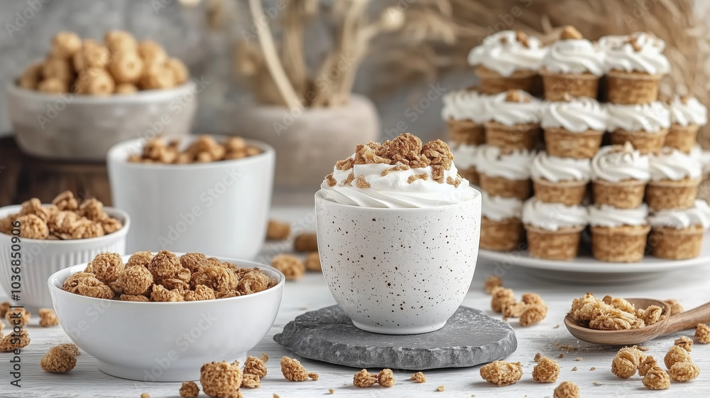 Cereal Box and Bowl with Five Tiramisu on Stone Table