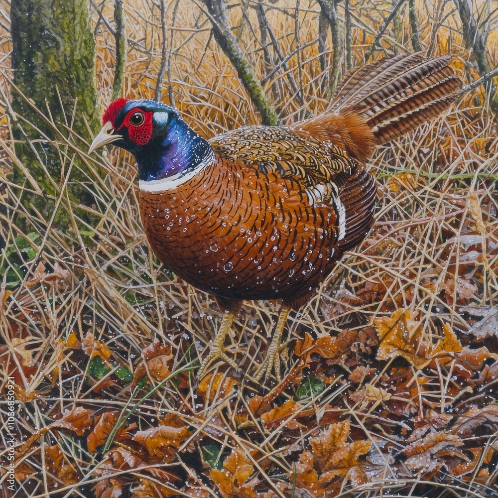 Fototapeta premium A vibrant male pheasant stands among autumn leaves, showcasing its colorful plumage against a blurred natural backdrop.