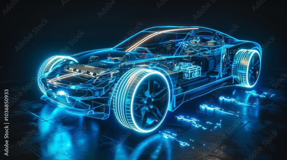 Electric car lithium battery pack is illustrated with power connections, showcasing the core of modern automotive technology in a vibrant blue tone Electric car lithium battery pack is illustrated with power connections, showcasing the core of modern automotive technology in a vibrant blue tone